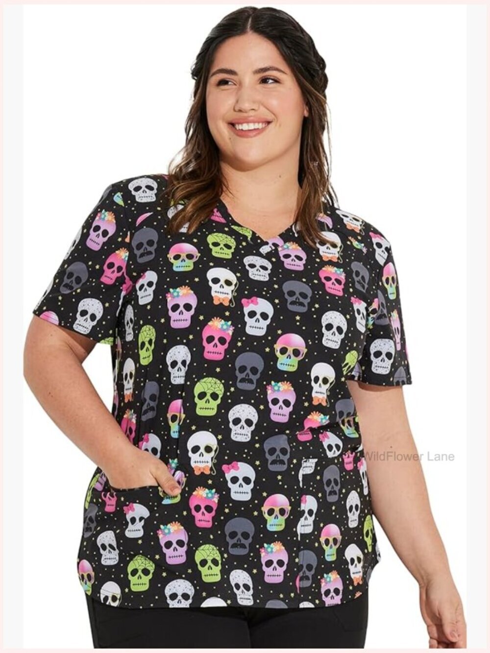 Women's Scrub Top V-Neck Short Sleeve with Patch Pockets